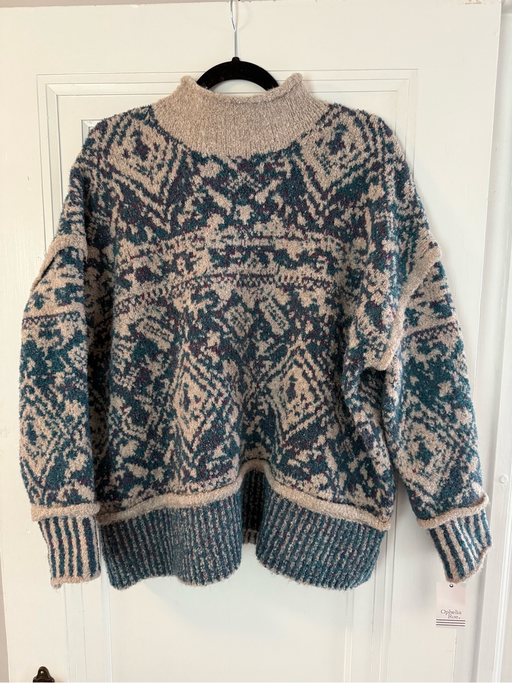 Cozy Patterned Knit Sweater in Teal and Beige